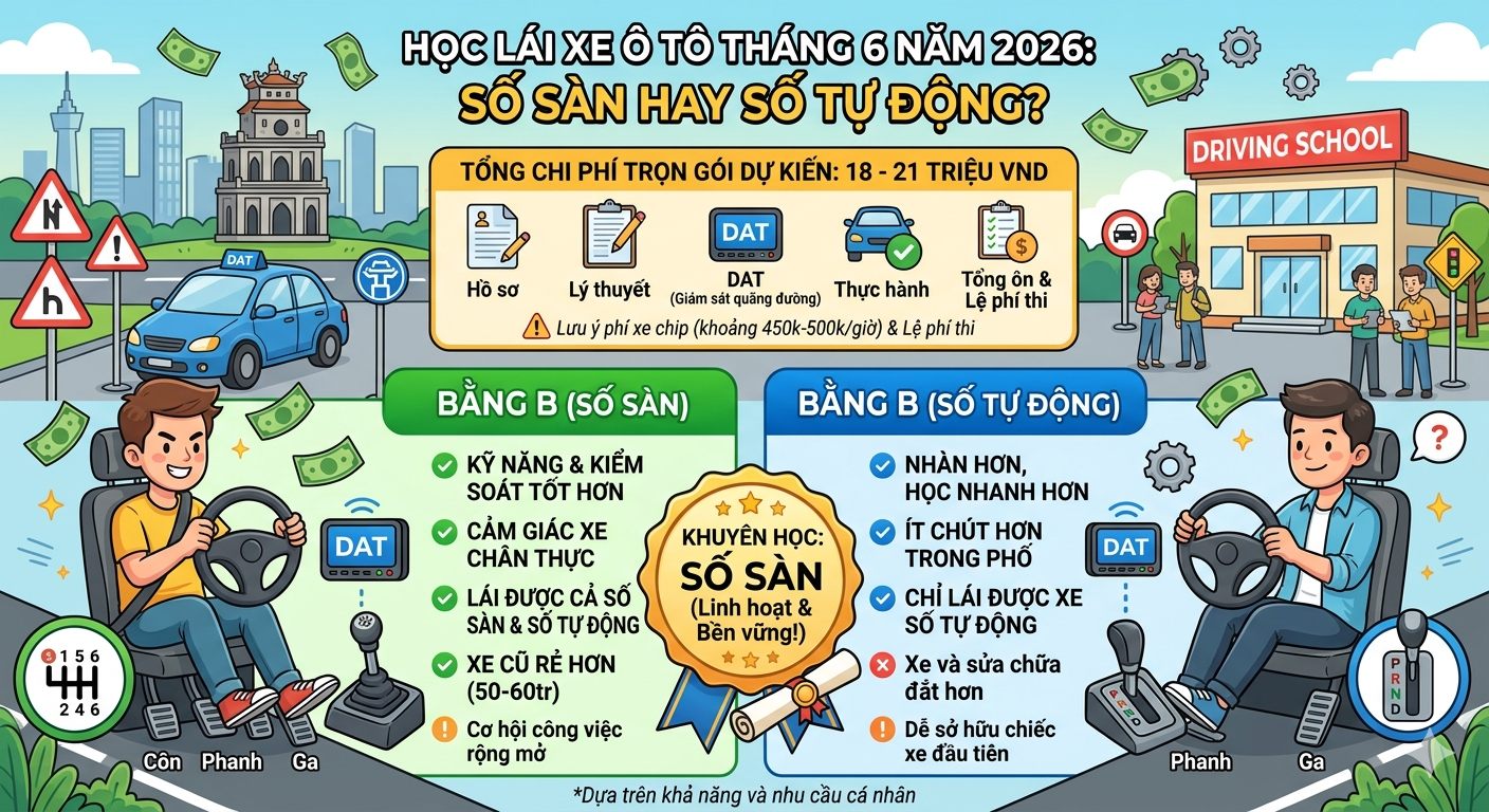 Chi phí học bằng lái xe ô tô tháng 6 năm 2026: Nên học bằng số sàn hay số tự động trong năm 2026